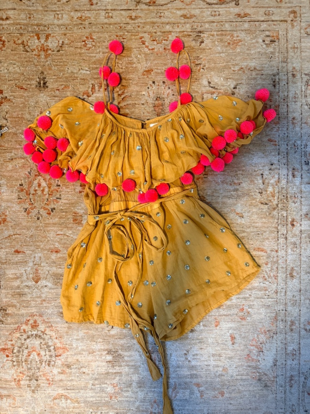 Mustard Off-Shoulder Pom-Pom Romper with Tie Waist